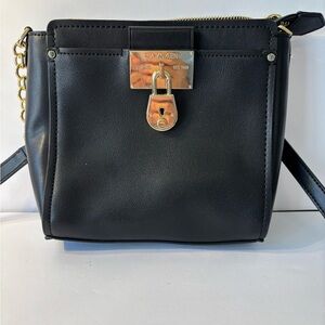 Calvin Klein Black Shoulder Bag Gold Hardware Lock Accent Adjustable Strap (A1)